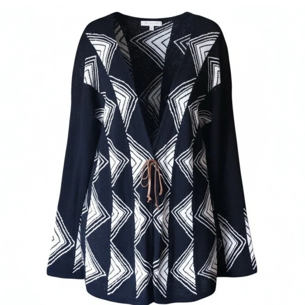 NIC + ZOE Geometric Diamond Knit Open Front Cardigan Sweater Black White Medium